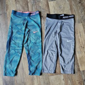 2 Nike Pro Leggings Girl's Medium GREEN & GRAY Swoosh Athletic  Cropped LOT. EUC